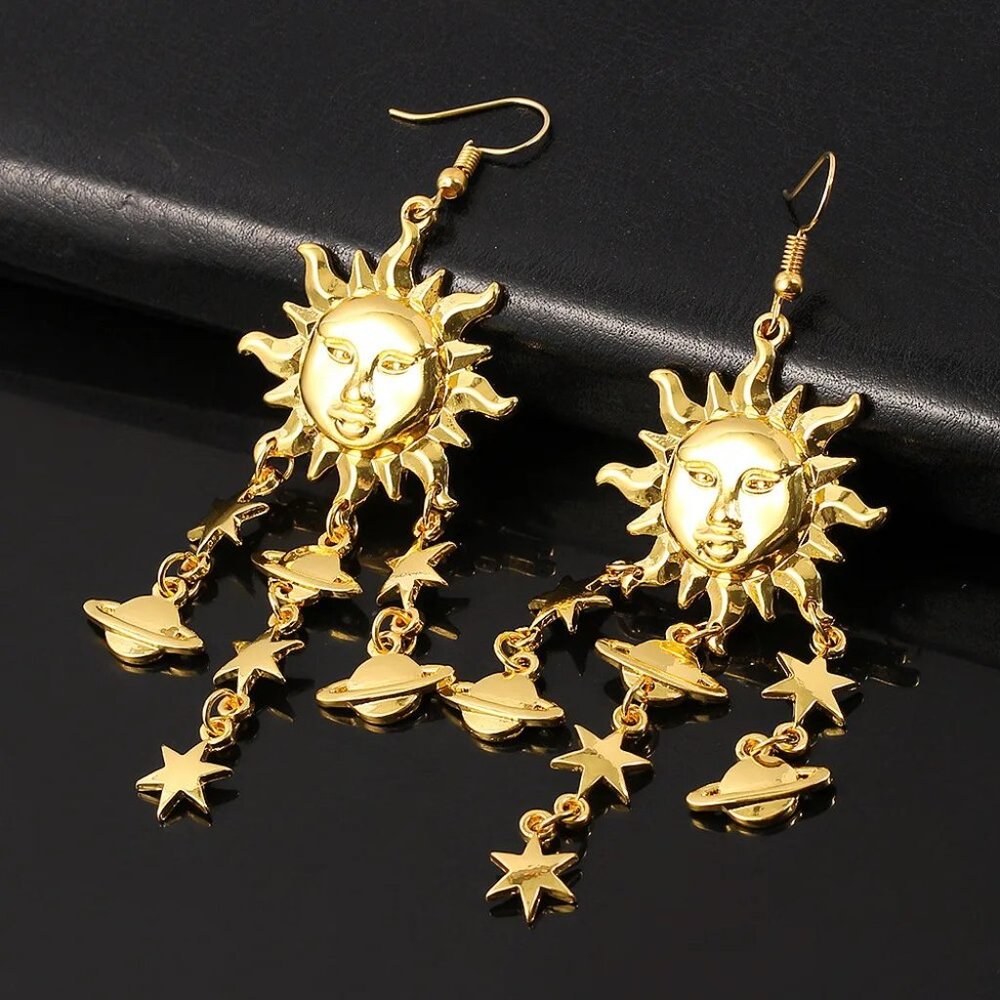 Sun Goddess Celestial Gold Dipped 4.5" Long NEW Boutique Earrings